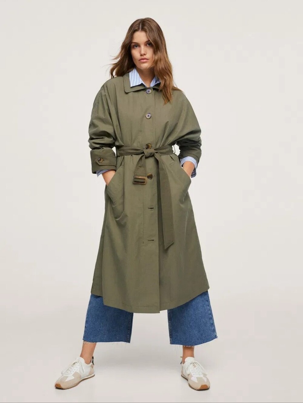 Mango Olive Green Water-Resist Trench Coat Zipout Lining Batwing Sleeves MEDIUM